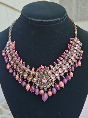 Pink & Purple Multi-Bead Statement Bib Necklace
